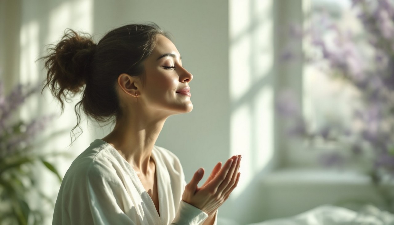 Woman practicing nasal breathing for stress relief and relaxation