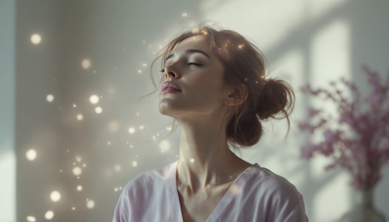 Woman practicing nose breathing for stress relief and relaxation